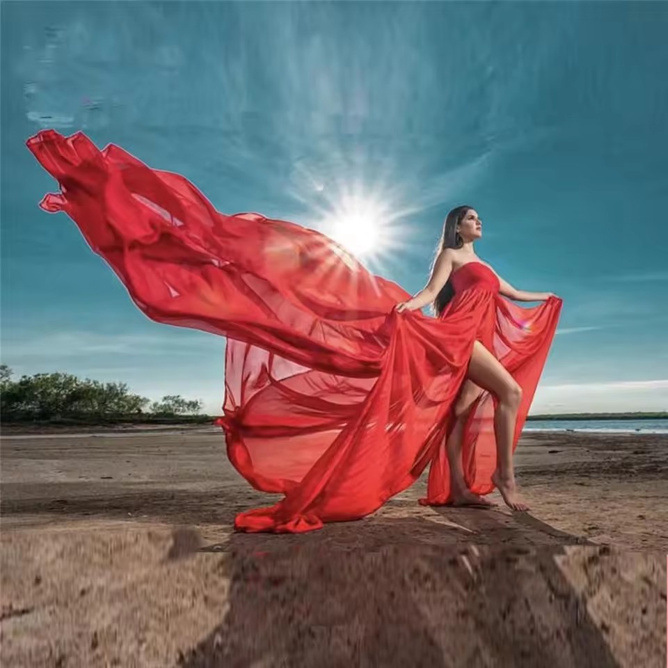 Maternity Wear - 레이스 시폰 임부복 드레스 앞트임 롱